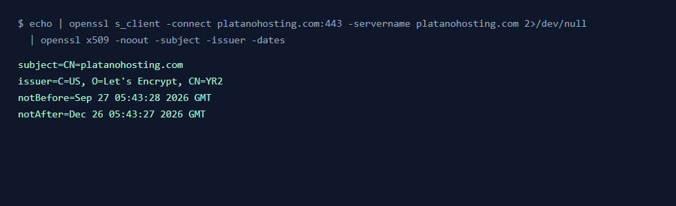 Salida del comando openssl con el certificado SSL de platanohosting.com