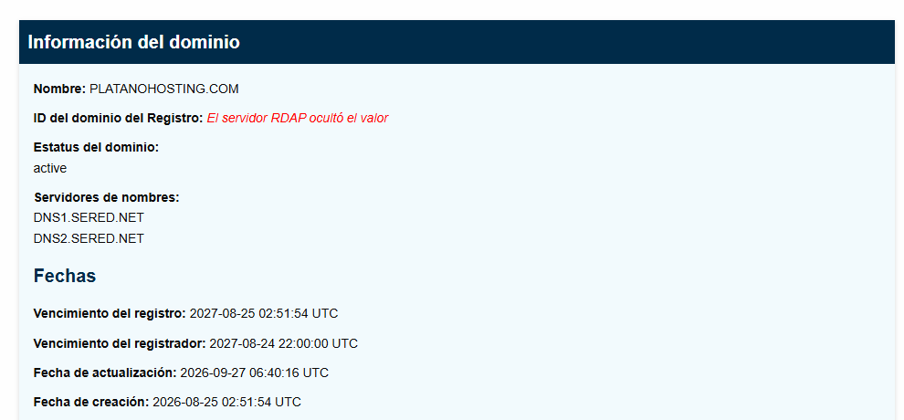 Estado, servidores de nombres y fechas de platanohosting.com en ICANN Lookup