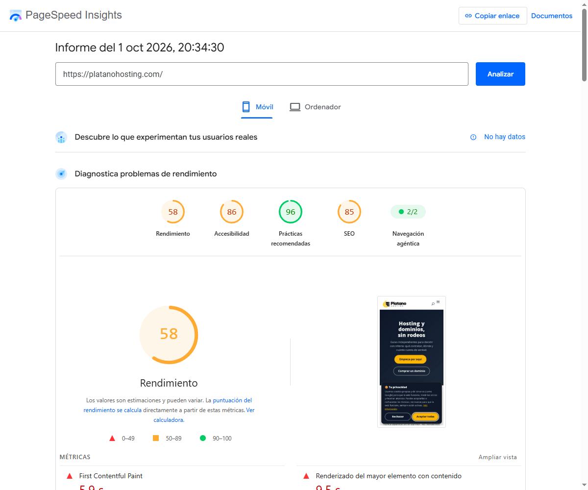 Resultado de PageSpeed Insights en móvil para la portada de platanohosting.com