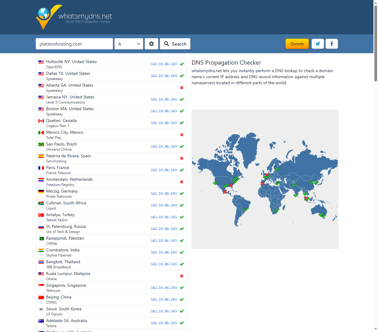 Comprobación de la propagación del registro A de platanohosting.com en whatsmydns.net