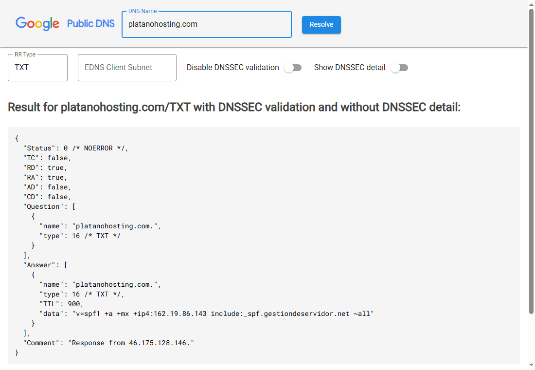 Registro TXT con la política SPF de platanohosting.com en Google Public DNS