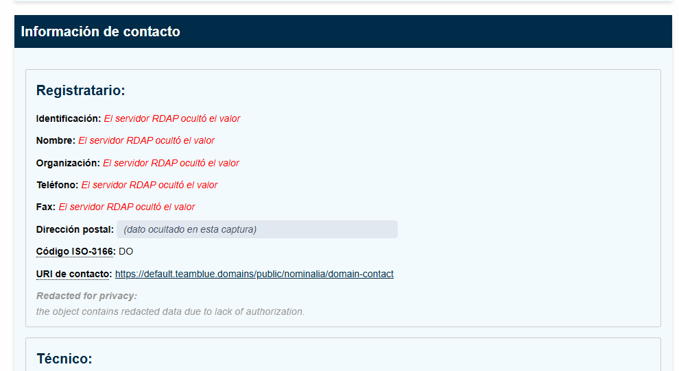 Datos de contacto ocultos de platanohosting.com en ICANN Lookup
